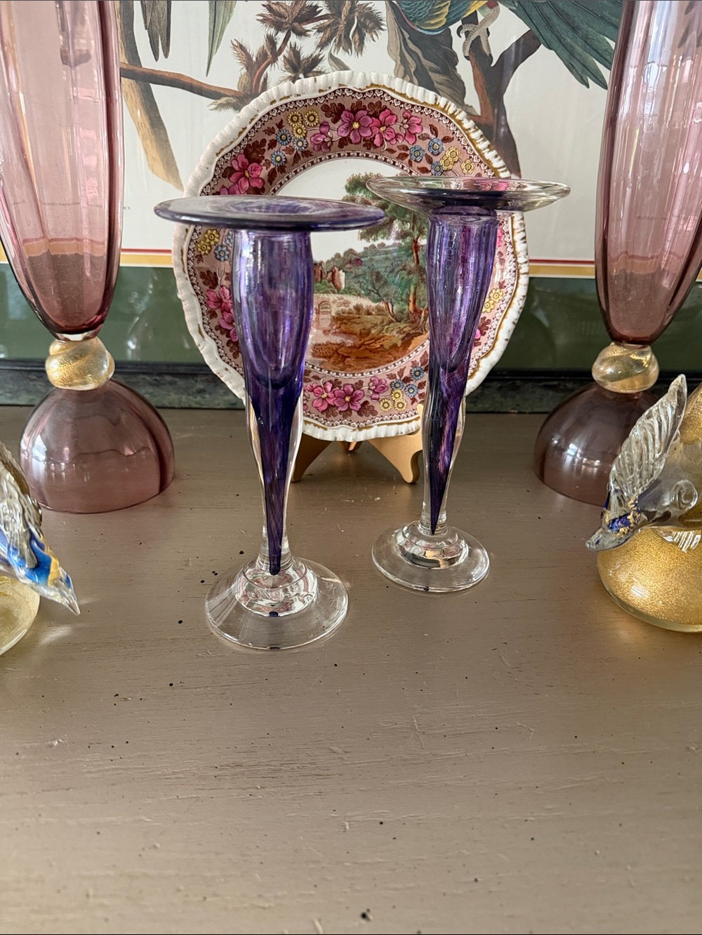 Signed Laurie Thal Handblown Amethyst Candlesticks